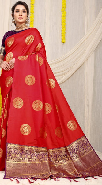 Deserving Red Kanjivaram Silk Saree and Angelic Blouse Piece