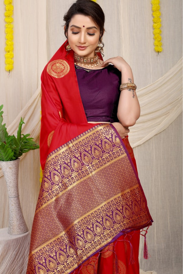 Deserving Red Kanjivaram Silk Saree and Angelic Blouse Piece