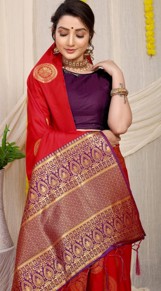 Deserving Red Kanjivaram Silk Saree and Angelic Blouse Piece