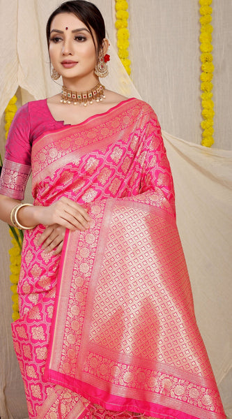 Demure Pink Kanjivaram Silk With Propinquity Blouse Piece
