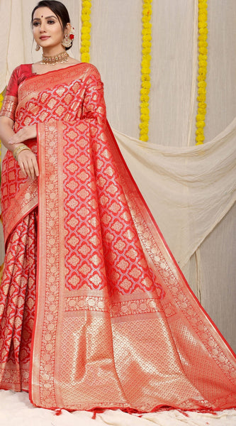Surreptitious Red Kanjivaram Silk With Embrocation Blouse Piece