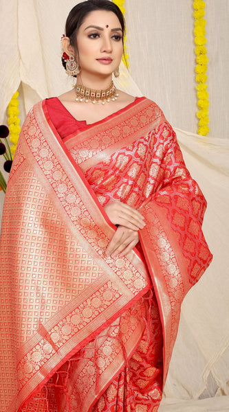 Surreptitious Red Kanjivaram Silk With Embrocation Blouse Piece