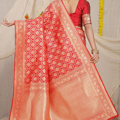 Surreptitious Red Kanjivaram Silk With Embrocation Blouse Piece