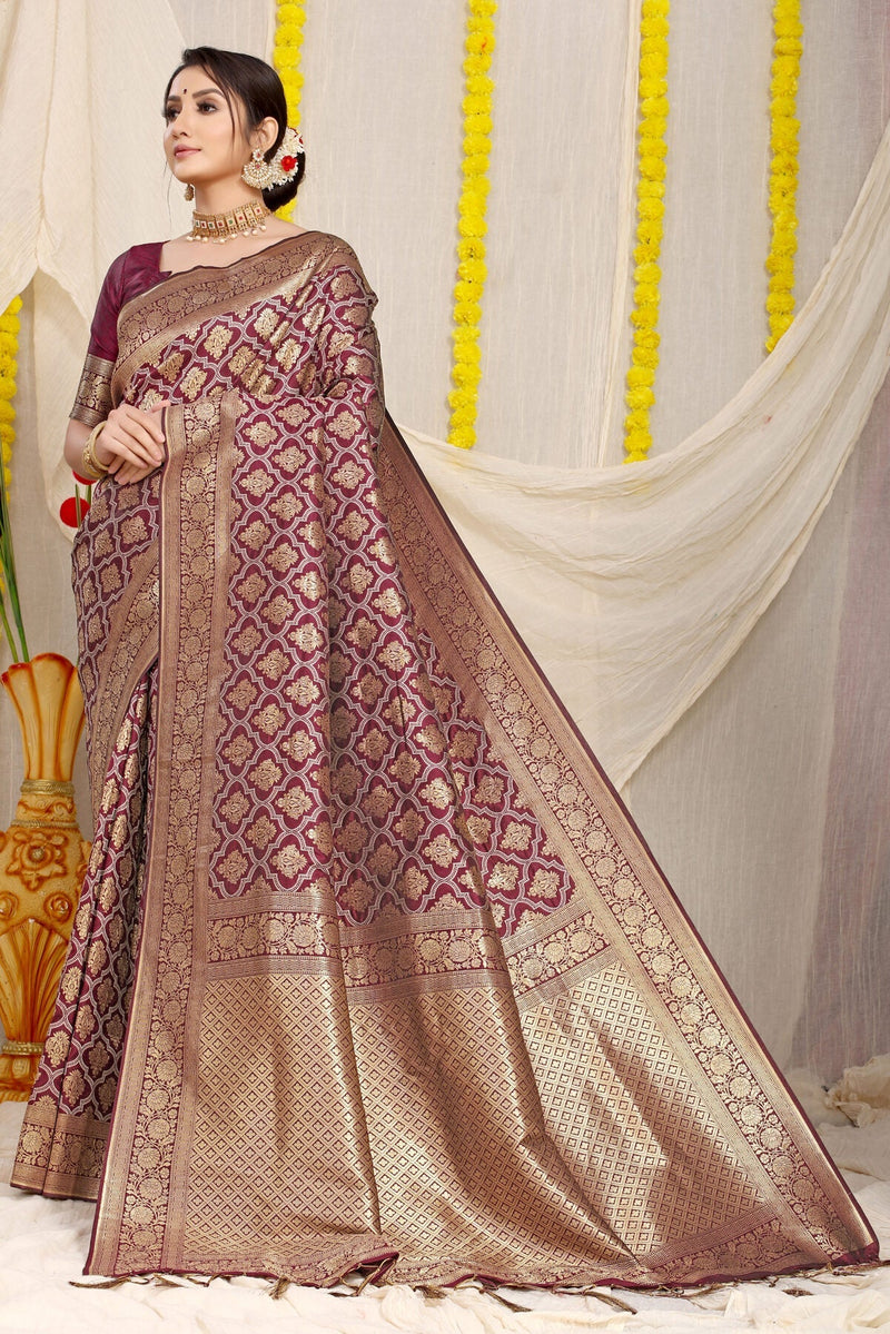 Magnetic Wine Kanjivaram Silk With Dissemble Blouse Piece