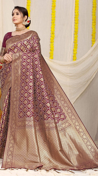 Magnetic Wine Kanjivaram Silk With Dissemble Blouse Piece
