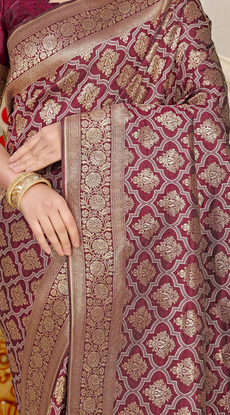 Magnetic Wine Kanjivaram Silk With Dissemble Blouse Piece