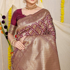 Magnetic Wine Kanjivaram Silk With Dissemble Blouse Piece