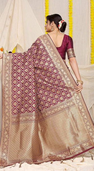 Magnetic Wine Kanjivaram Silk With Dissemble Blouse Piece