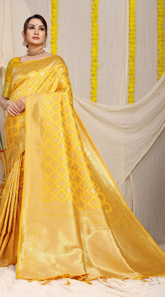 Incredible Yellow Kanjivaram Silk With Demure Blouse Piece