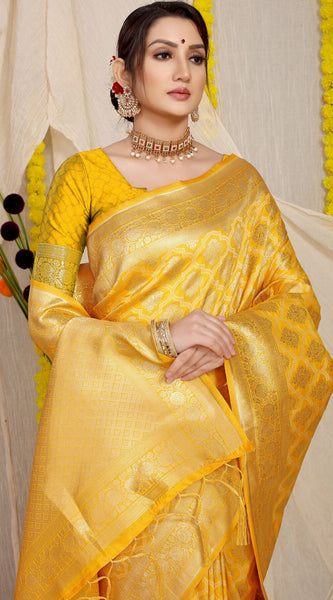 Incredible Yellow Kanjivaram Silk With Demure Blouse Piece