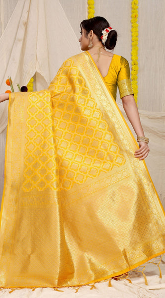 Incredible Yellow Kanjivaram Silk With Demure Blouse Piece