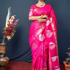 Engaging Dark Pink Linen Silk Saree With Super Mesmerising Blouse Piece