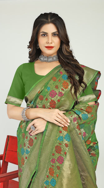 Refreshing Green Linen Silk Saree With Alluring Blouse Piece