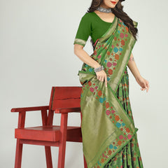 Refreshing Green Linen Silk Saree With Alluring Blouse Piece