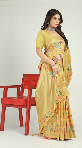 Glorious Lemon Linen Silk Saree With Attractive Blouse Piece