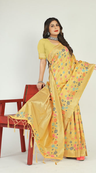 Glorious Lemon Linen Silk Saree With Attractive Blouse Piece