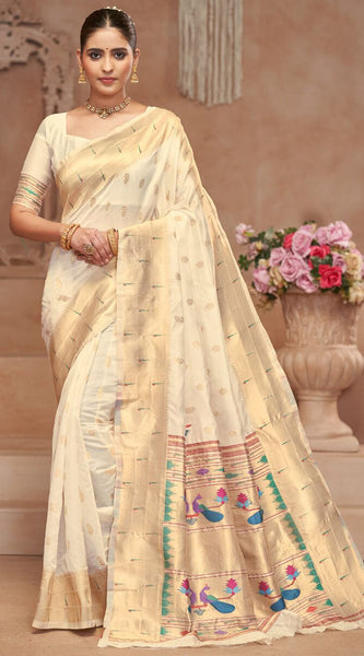 Intricate Beige Paithani Silk Saree With Smart Blouse Piece