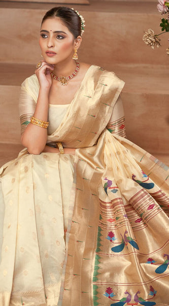 Intricate Beige Paithani Silk Saree With Smart Blouse Piece