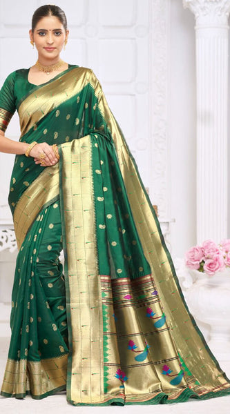 Prettiest Dark Green Paithani Silk Saree With Captivating Blouse Piece