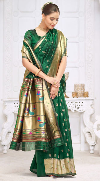 Prettiest Dark Green Paithani Silk Saree With Captivating Blouse Piece