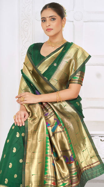 Prettiest Dark Green Paithani Silk Saree With Captivating Blouse Piece