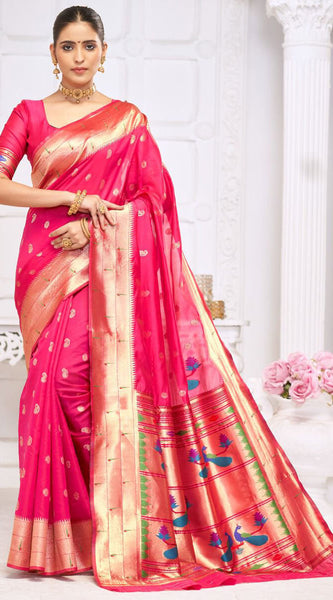 Adorable Dark Pink Paithani Silk Saree With Impressive Blouse Piece