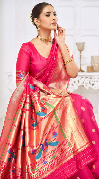 Adorable Dark Pink Paithani Silk Saree With Impressive Blouse Piece