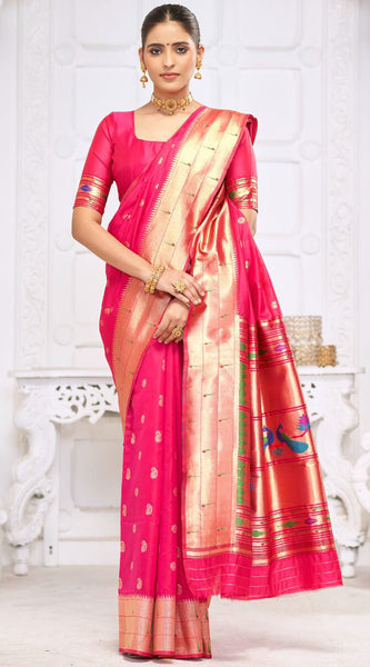 Adorable Dark Pink Paithani Silk Saree With Impressive Blouse Piece