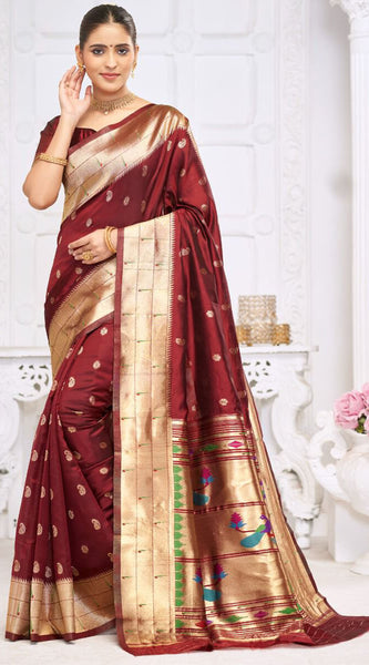 Invaluable Maroon Paithani Silk Saree With Wonderful Blouse Piece