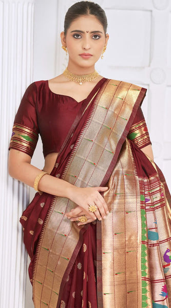 Invaluable Maroon Paithani Silk Saree With Wonderful Blouse Piece