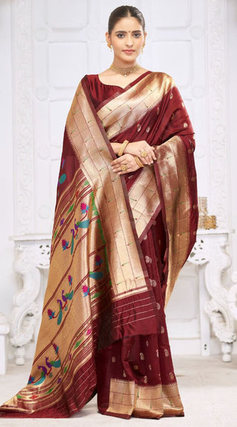 Invaluable Maroon Paithani Silk Saree With Wonderful Blouse Piece