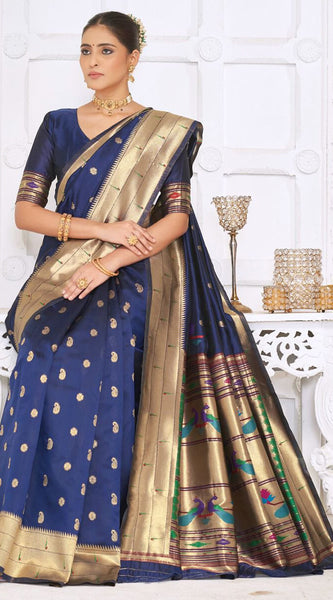 Pretty Navy Blue Paithani Silk Saree With Amazing Blouse Piece
