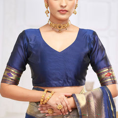 Pretty Navy Blue Paithani Silk Saree With Amazing Blouse Piece