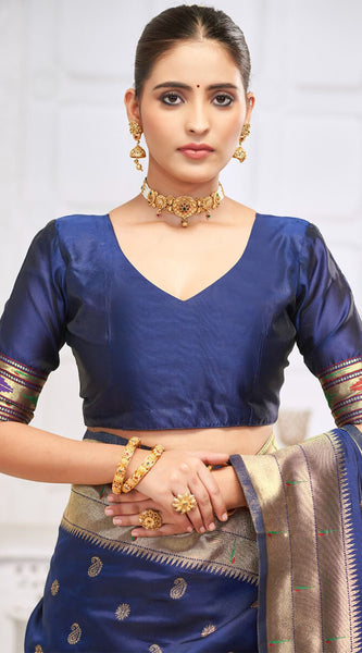 Pretty Navy Blue Paithani Silk Saree With Amazing Blouse Piece