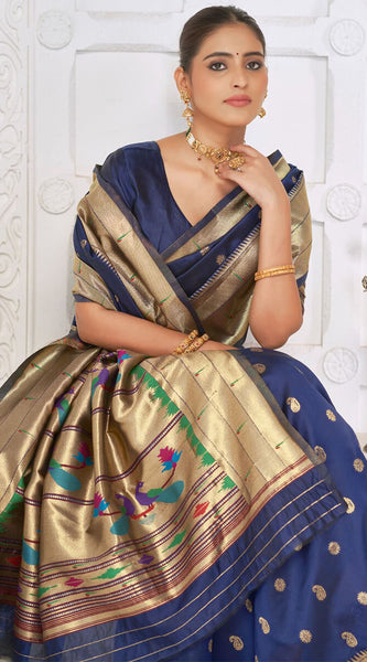 Pretty Navy Blue Paithani Silk Saree With Amazing Blouse Piece