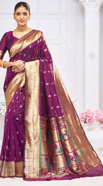 Majesty Wine Paithani Silk Saree With Blissful Blouse Piece