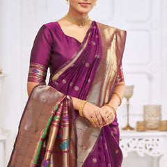 Majesty Wine Paithani Silk Saree With Blissful Blouse Piece