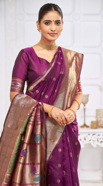 Majesty Wine Paithani Silk Saree With Blissful Blouse Piece