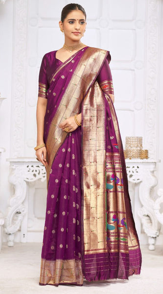 Majesty Wine Paithani Silk Saree With Blissful Blouse Piece