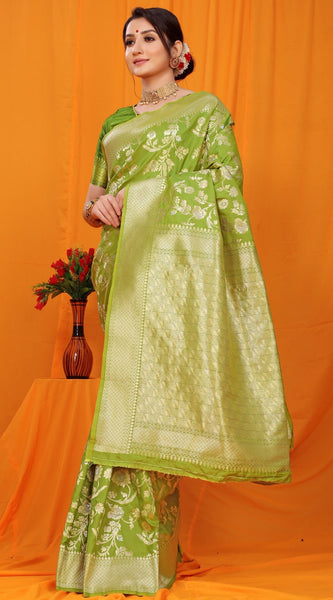 Trendy Green Kanjivaram Silk With Scintilla Blouse Piece