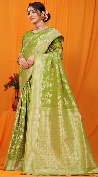 Trendy Green Kanjivaram Silk With Scintilla Blouse Piece