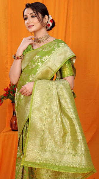 Trendy Green Kanjivaram Silk With Scintilla Blouse Piece
