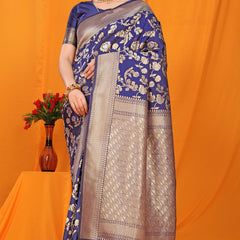Gleaming Navy Blue Kanjivaram Silk With Scintilla Blouse Piece