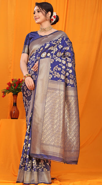Gleaming Navy Blue Kanjivaram Silk With Scintilla Blouse Piece
