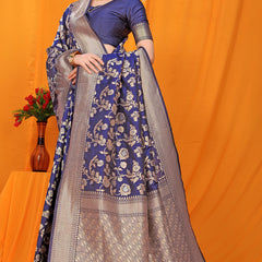 Gleaming Navy Blue Kanjivaram Silk With Scintilla Blouse Piece