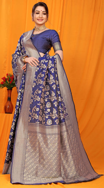 Gleaming Navy Blue Kanjivaram Silk With Scintilla Blouse Piece