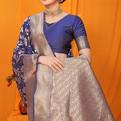 Gleaming Navy Blue Kanjivaram Silk With Scintilla Blouse Piece