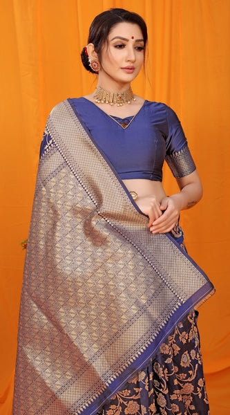 Gleaming Navy Blue Kanjivaram Silk With Scintilla Blouse Piece