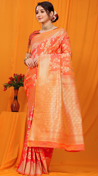 Refreshing Orange Kanjivaram Silk With Scintilla Blouse Piece