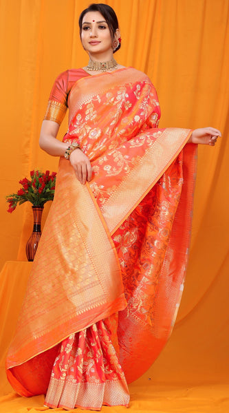 Refreshing Orange Kanjivaram Silk With Scintilla Blouse Piece